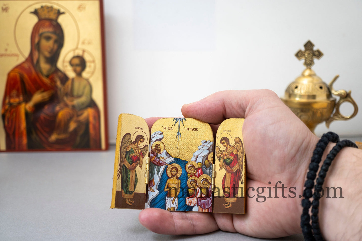 Small Triptych wooden Icon with the Baptism of Jesus Christ and Αngels on the Doors , Greek Orthodox Icon , Home Decor,Orthodox Gift