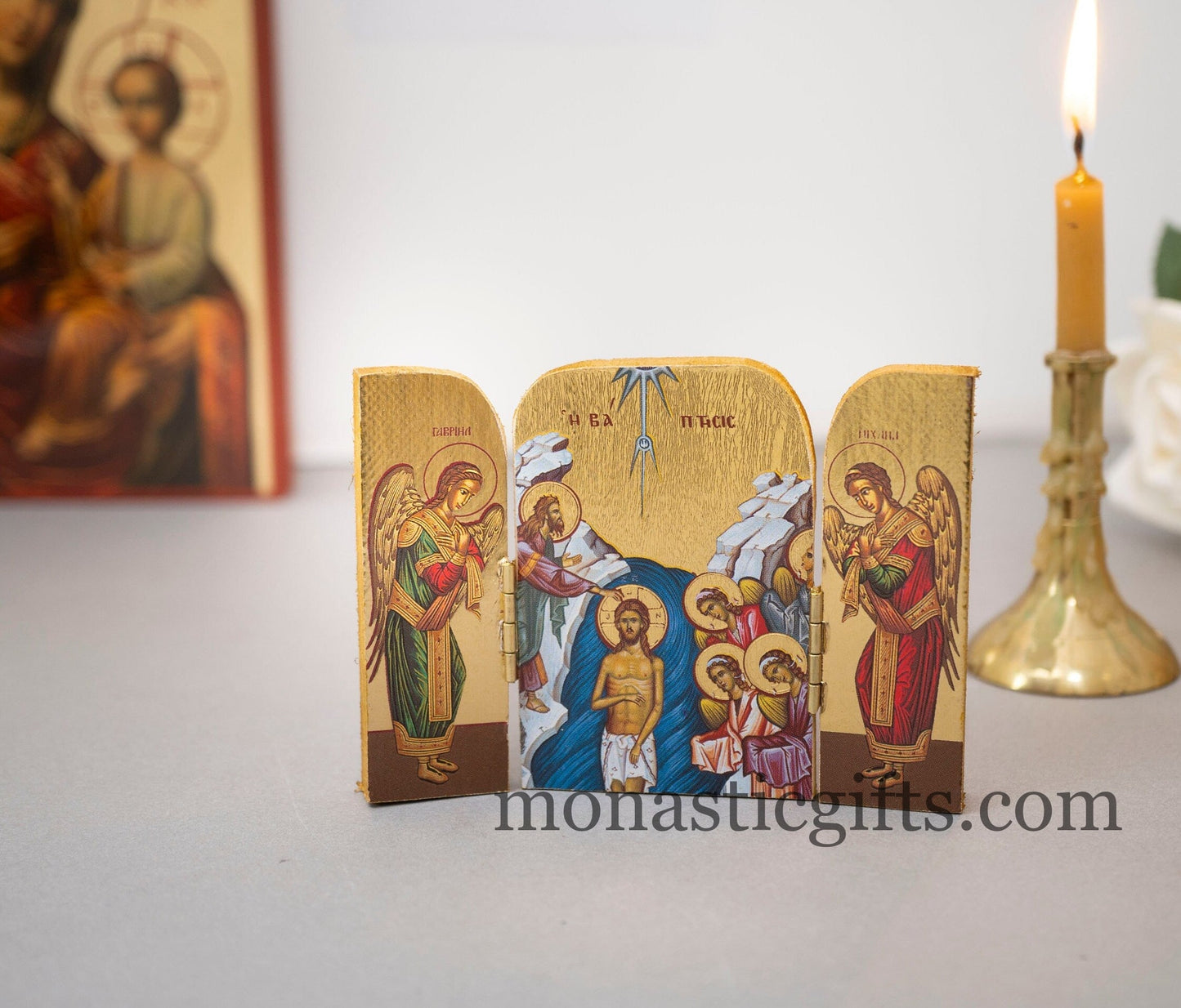 Small Triptych wooden Icon with the Baptism of Jesus Christ and Αngels on the Doors , Greek Orthodox Icon , Home Decor,Orthodox Gift