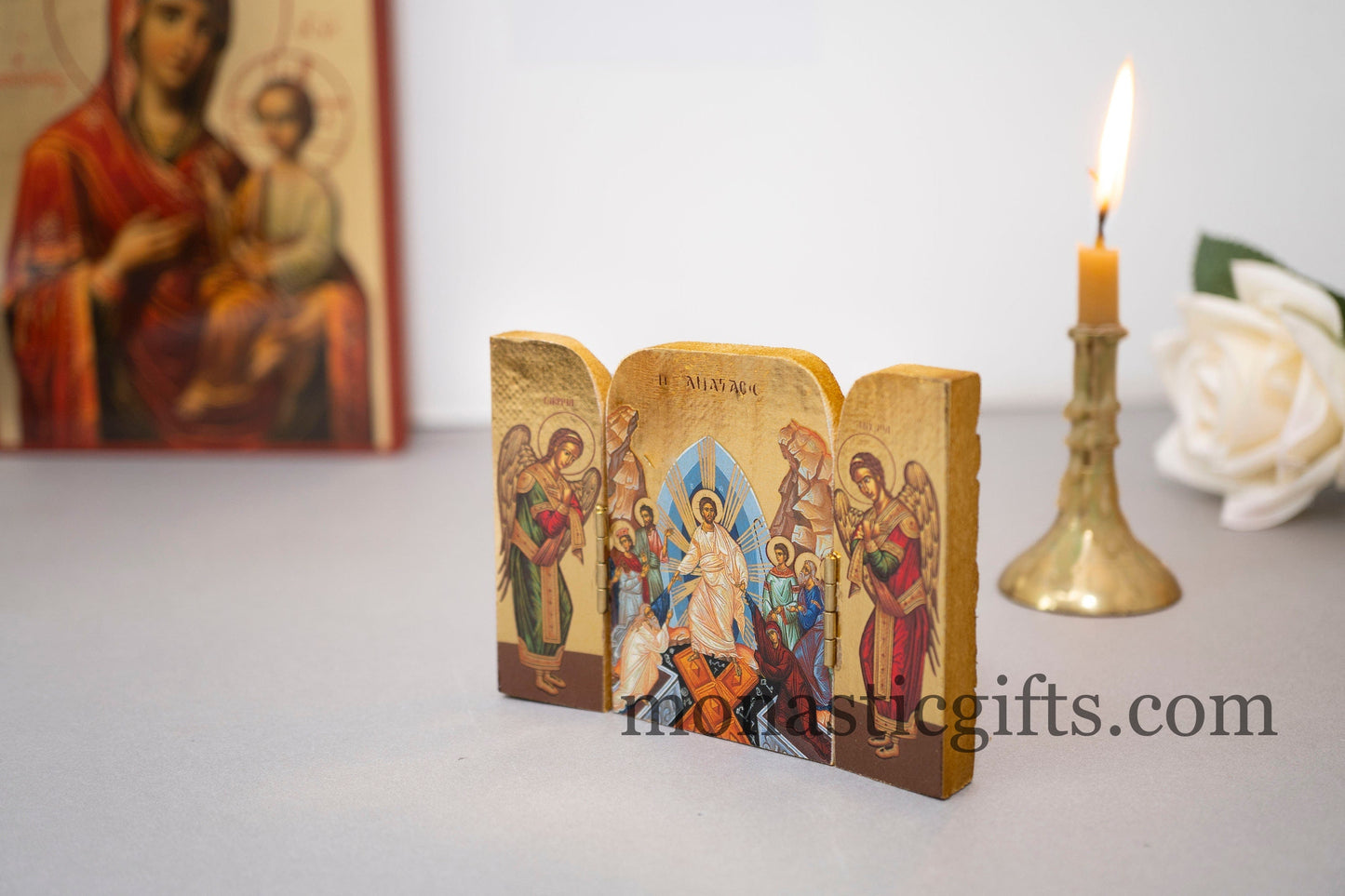 Small Triptych wooden Icon with the Ressurection of Jesus Christ and Αngels on the Doors , Greek Orthodox Icon , Home Decor,Orthodox Gift