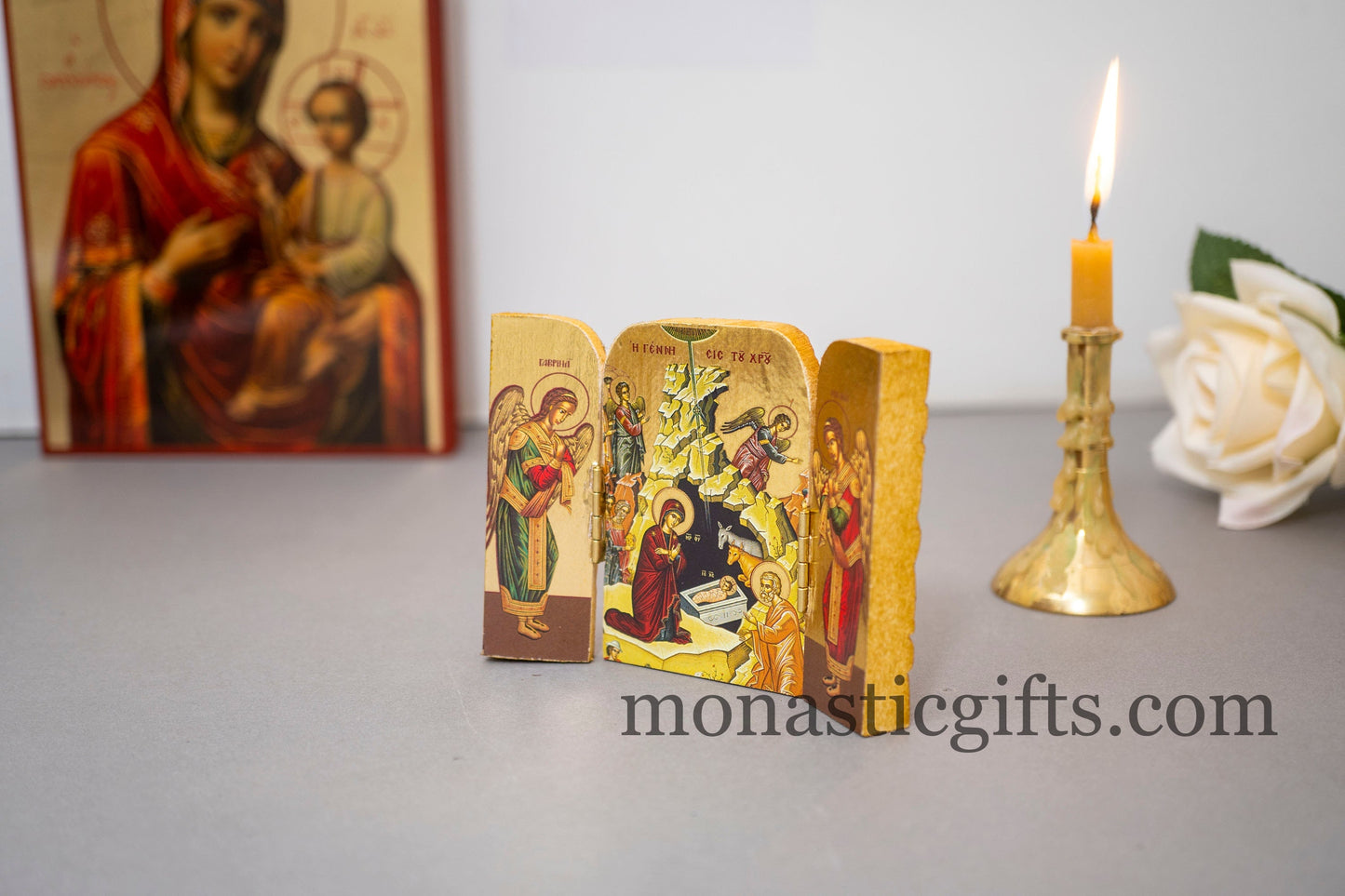 Small Triptych wooden Icon with the Birth of Jesus Christ and Αngels on the Doors , Greek Orthodox Icon , Home Decor,Orthodox Gift