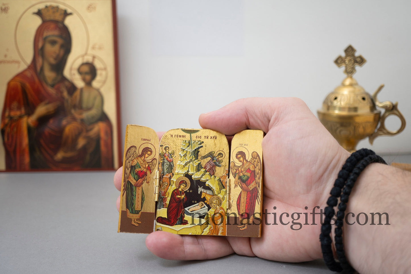Small Triptych wooden Icon with the Birth of Jesus Christ and Αngels on the Doors , Greek Orthodox Icon , Home Decor,Orthodox Gift