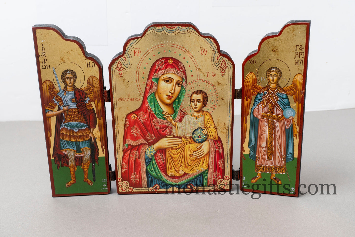 Triptych wooden Icon With Virin Mary Of jerusalem and Archangels (Michaeland Gabriel) on the doors, Greek Orthodox Icon