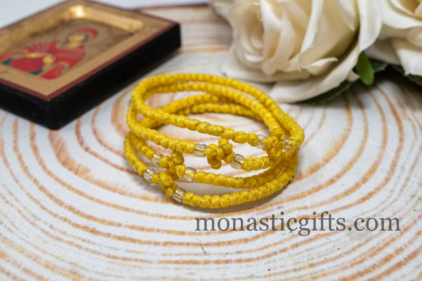 Authentic Komboskini Yellow Color 1Pcs - Greek Orthodox Prayer Bracelet, Spiritual Prayer Rope -Thread waxed thin with beads
