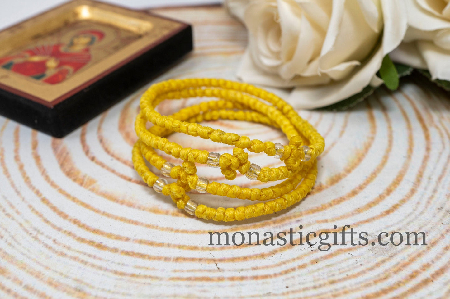 Authentic Komboskini Yellow Color 1Pcs - Greek Orthodox Prayer Bracelet, Spiritual Prayer Rope -Thread waxed thin with beads