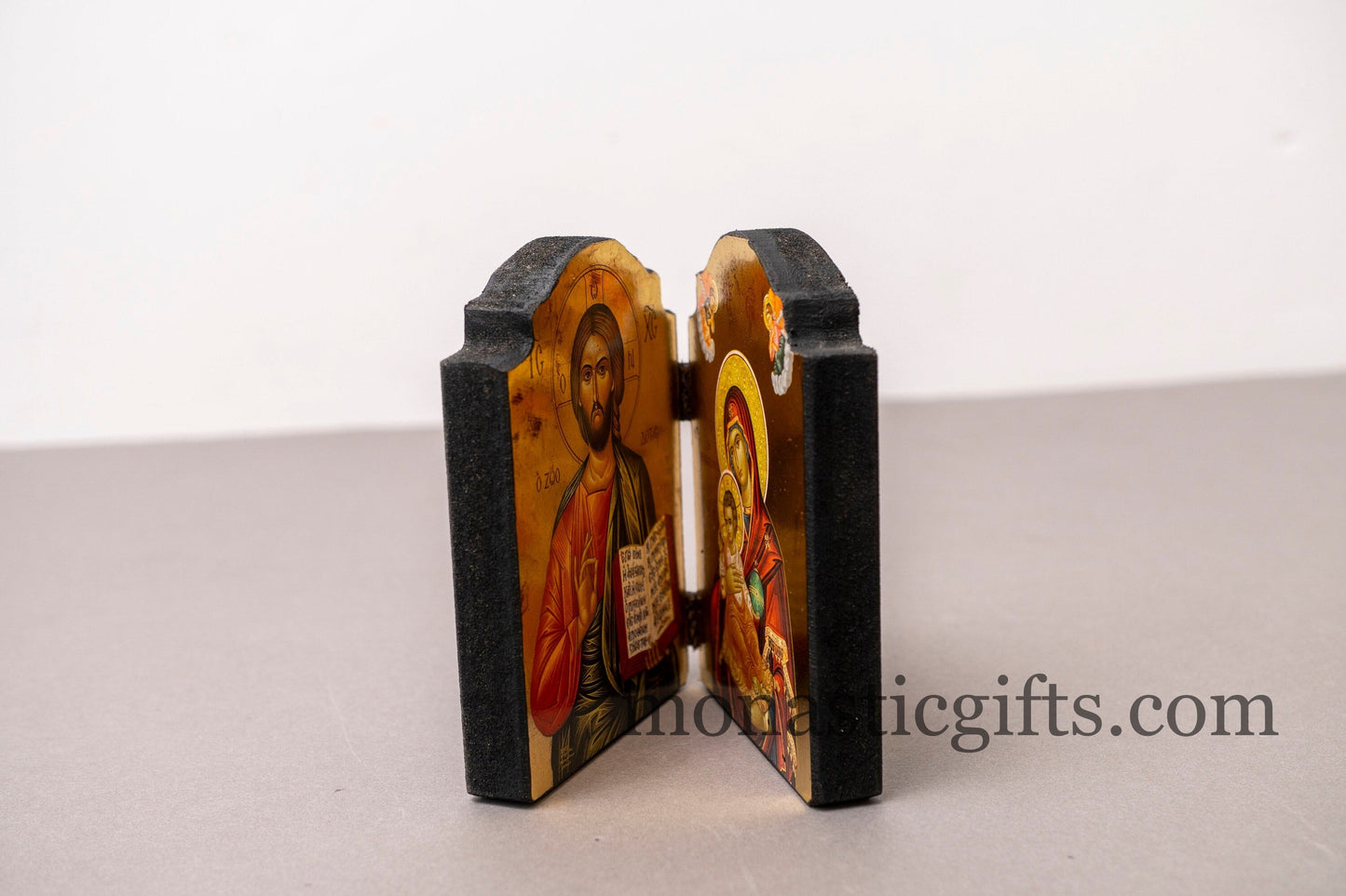 Diptych wooden Icon with Virgin Mary (The Healer) and Jesus Christ Aging Technique Byzantine art, Greek Orthodox Icon.