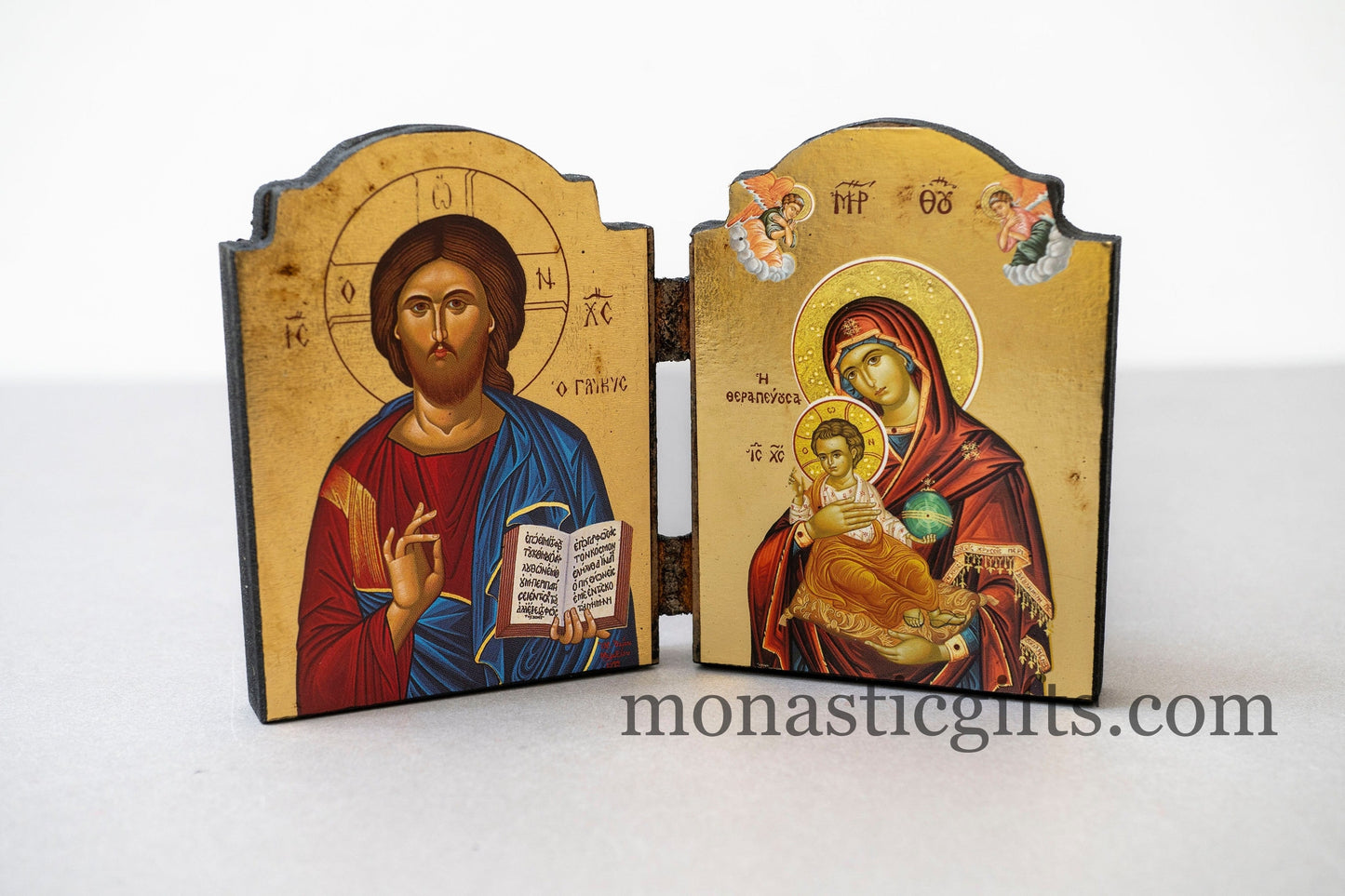 Diptych wooden Icon with Virgin Mary (The Healer) and Jesus Christ Aging Technique Byzantine art, Greek Orthodox Icon.
