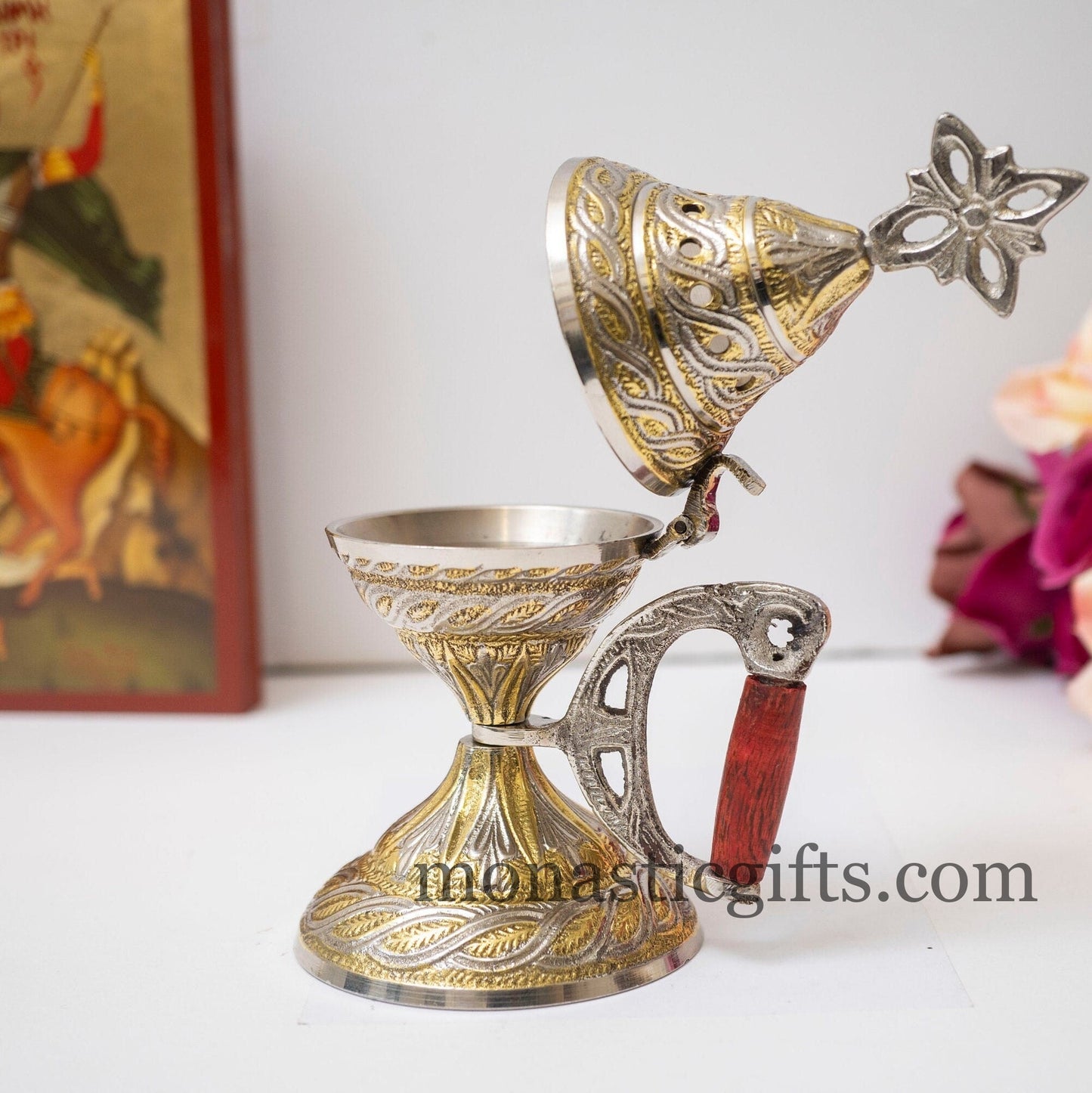Brass Nickel, Original Heavy Incense Burner (240 - 260gr) Handmade with handle and free Gifts
