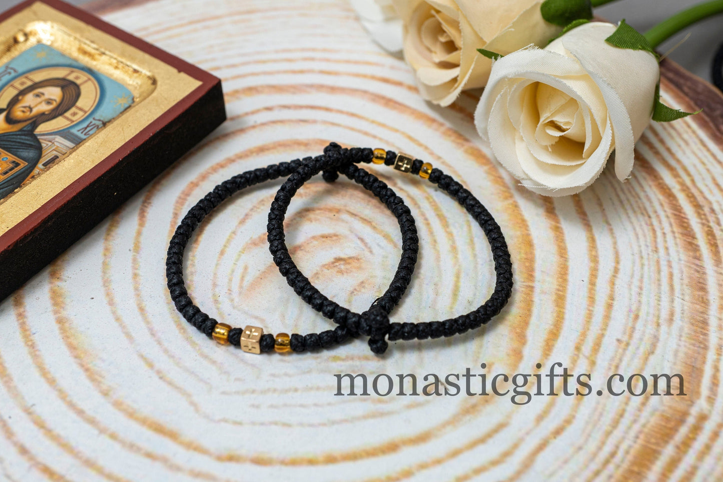 Authentic Komboskini in Black Color with cross and metal elements 1Pcs - Greek Orthodox Prayer Bracelet, Spiritual Prayer Rope.