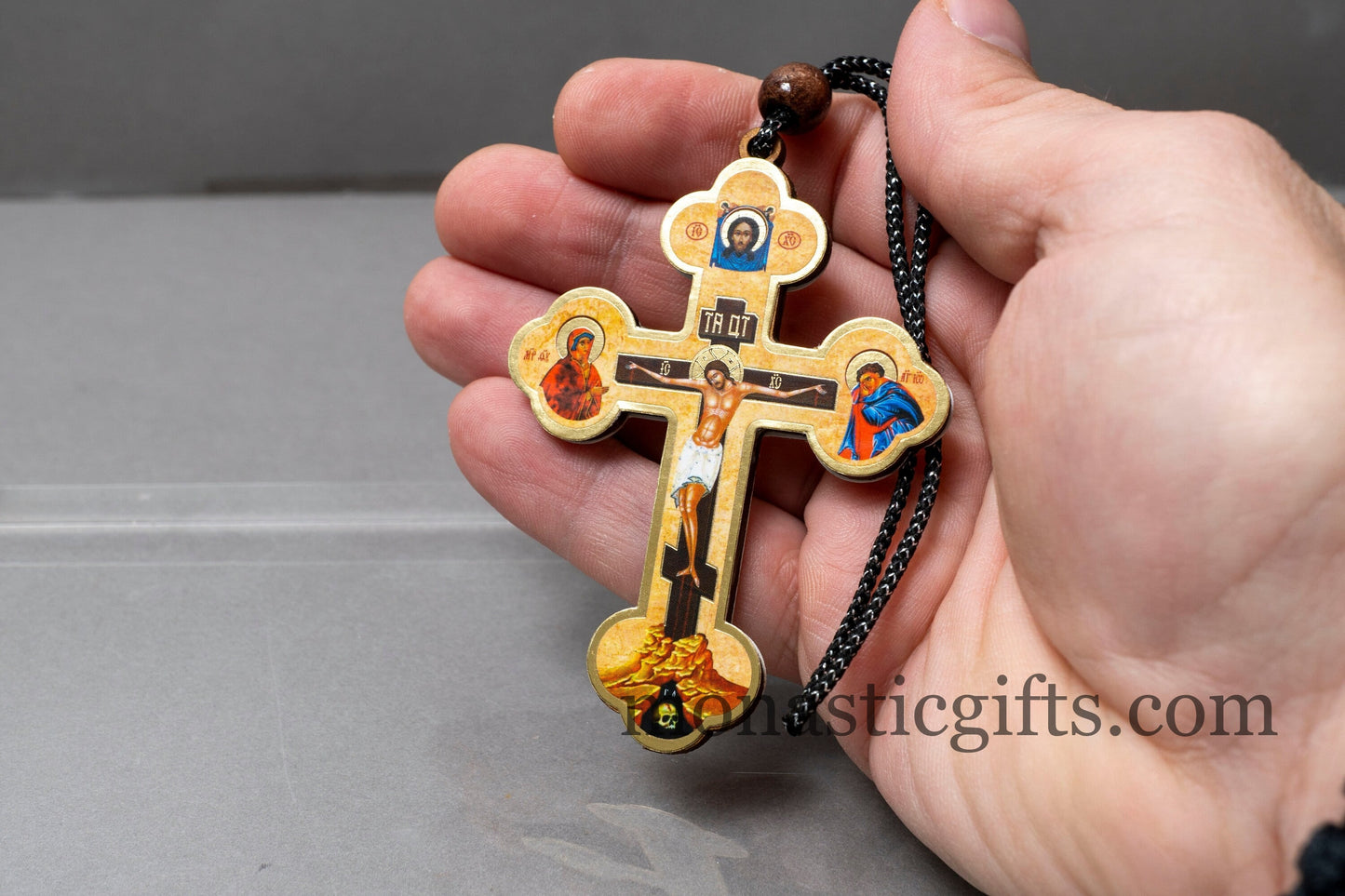 Christian Wooden Cross with crucifixion and Rope Cord for Car Rearview Mirror.