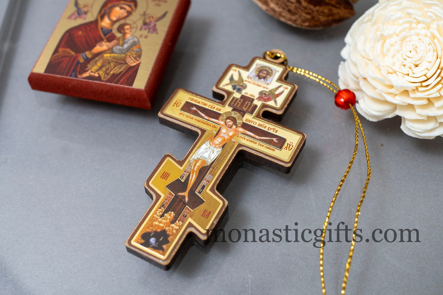 Christian Wooden Cross with crucifixion and Rope Cord Car Rearview Mirror.A perfect Gift.