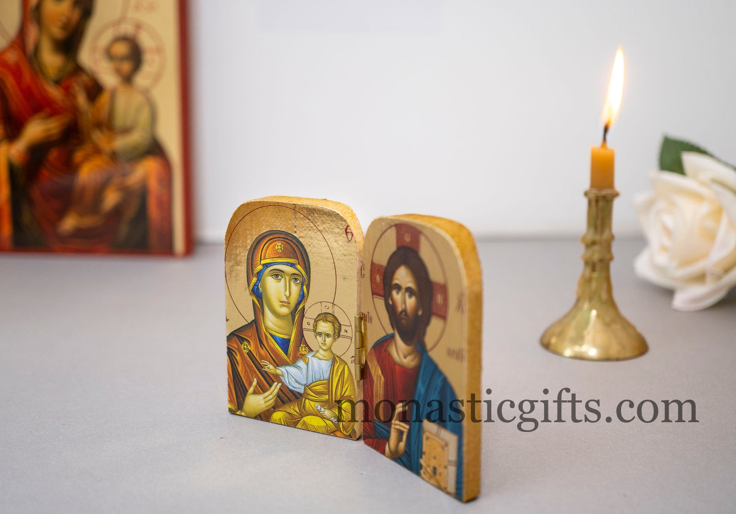 Diptych small wooden Icon with the Jesus Christ and the Holy Theotokos , Greek Orthodox Icon , Home Decor,Orthodox Gift