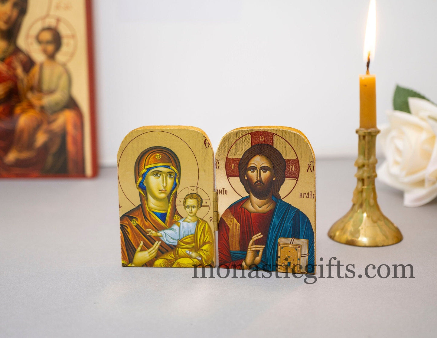 Diptych small wooden Icon with the Jesus Christ and the Holy Theotokos , Greek Orthodox Icon , Home Decor,Orthodox Gift