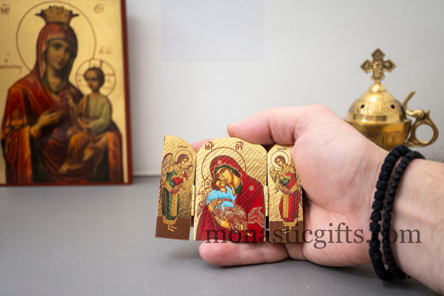 Triptych small wooden Icon with Virgin Mary (Theotokos) and Archangels, Greek Orthodox Icon , Home Decor,Orthodox Gift