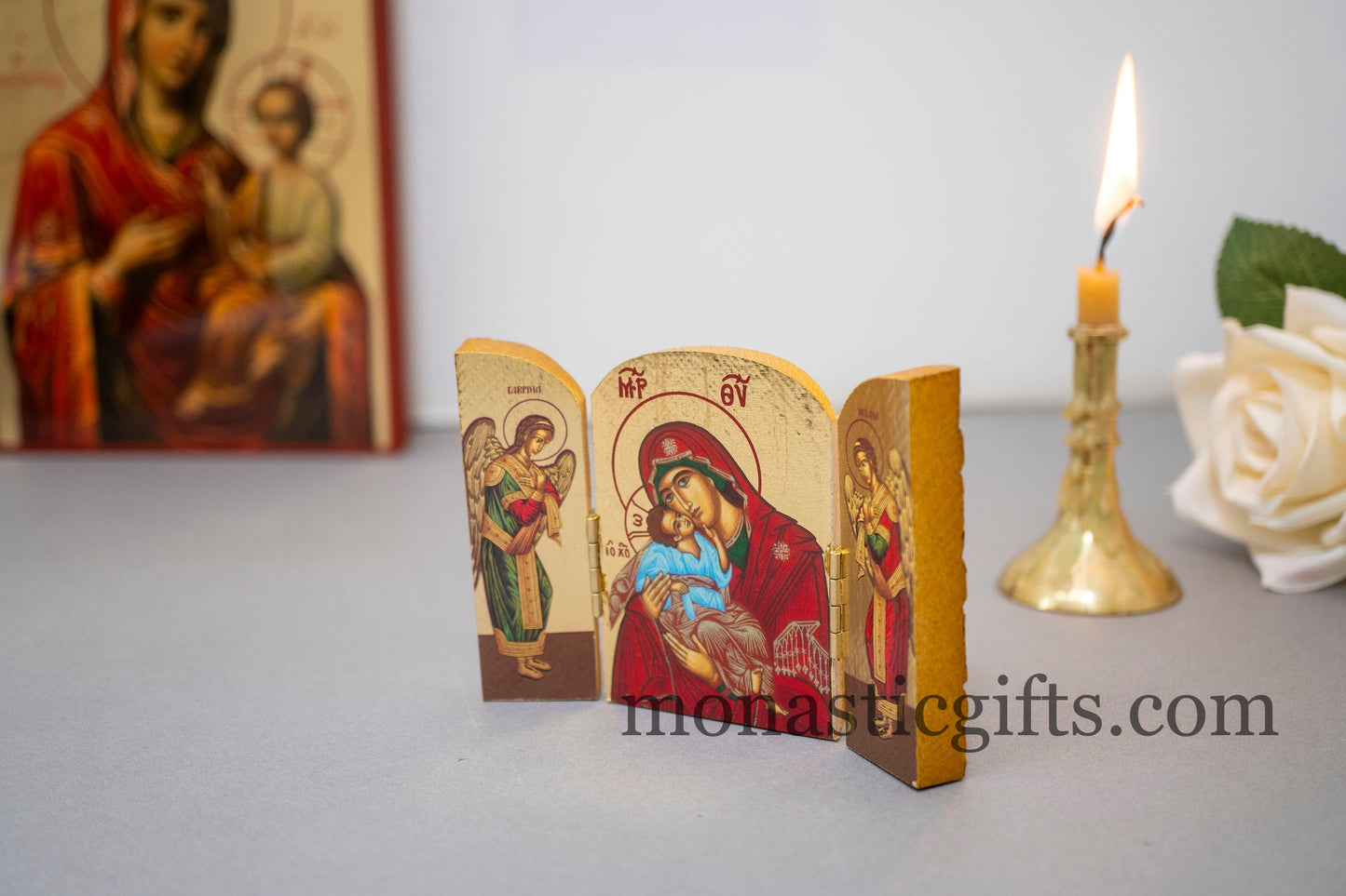 Triptych small wooden Icon with Virgin Mary (Theotokos) and Archangels, Greek Orthodox Icon , Home Decor,Orthodox Gift