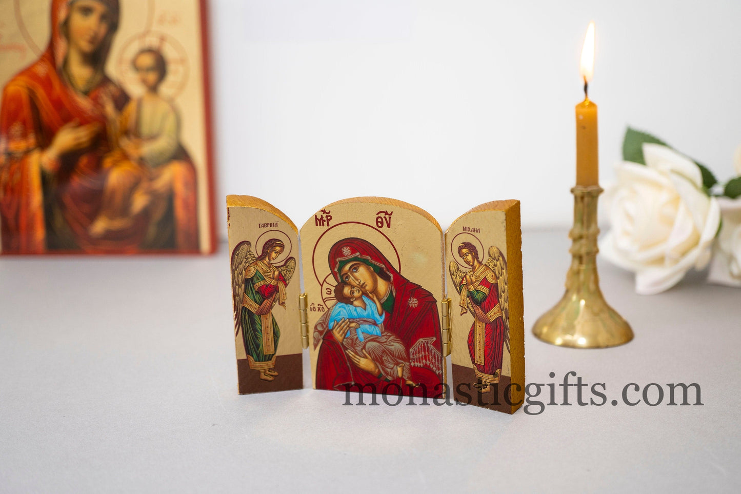 Triptych small wooden Icon with Virgin Mary (Theotokos) and Archangels, Greek Orthodox Icon , Home Decor,Orthodox Gift