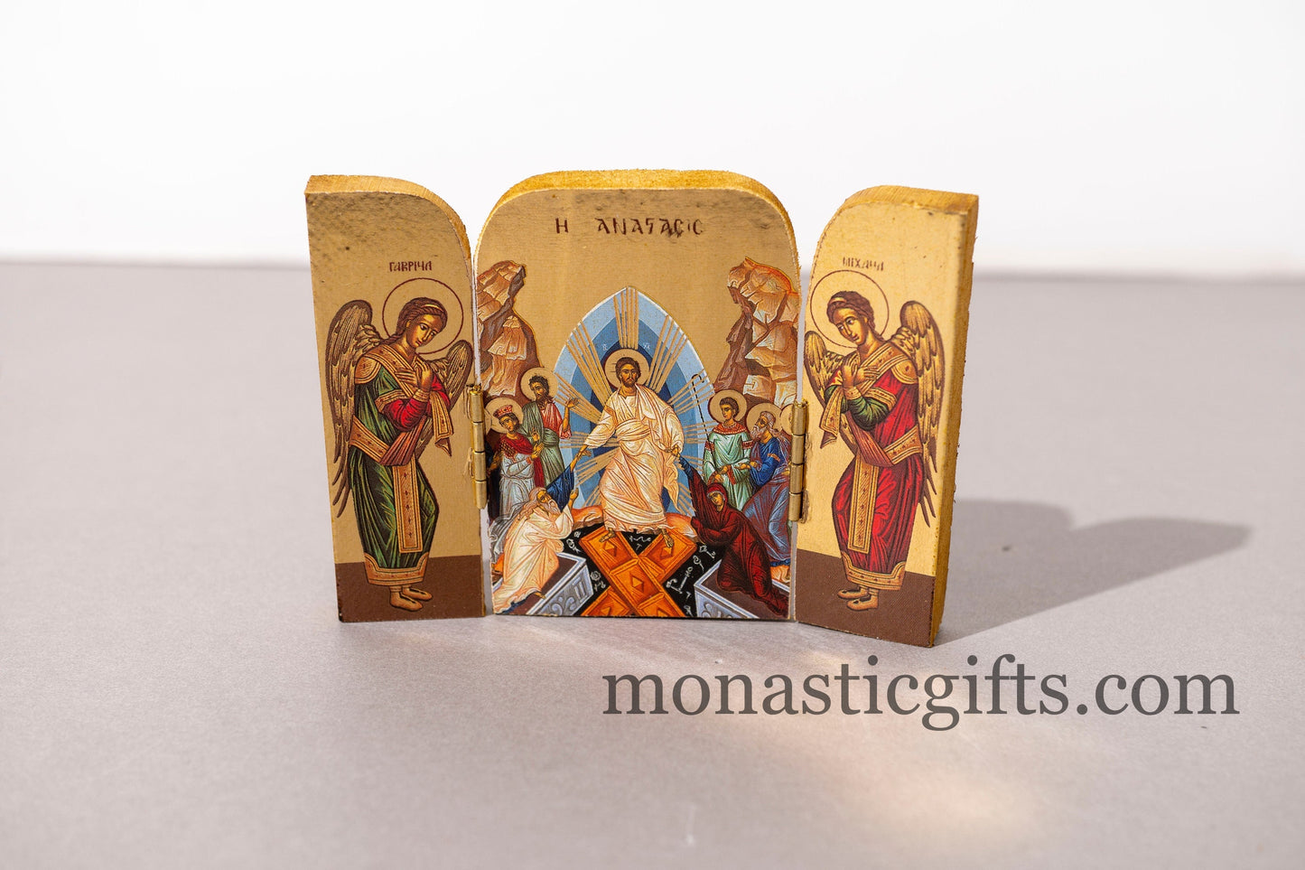 Small Triptych wooden Icon with the Ressurection of Jesus Christ and Αngels on the Doors , Greek Orthodox Icon , Home Decor,Orthodox Gift