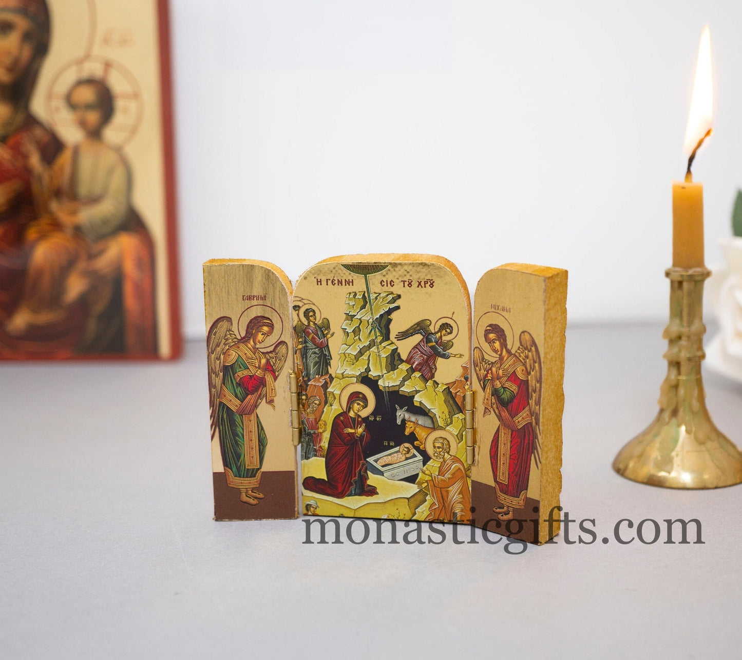 Small Triptych wooden Icon with the Birth of Jesus Christ and Αngels on the Doors , Greek Orthodox Icon , Home Decor,Orthodox Gift