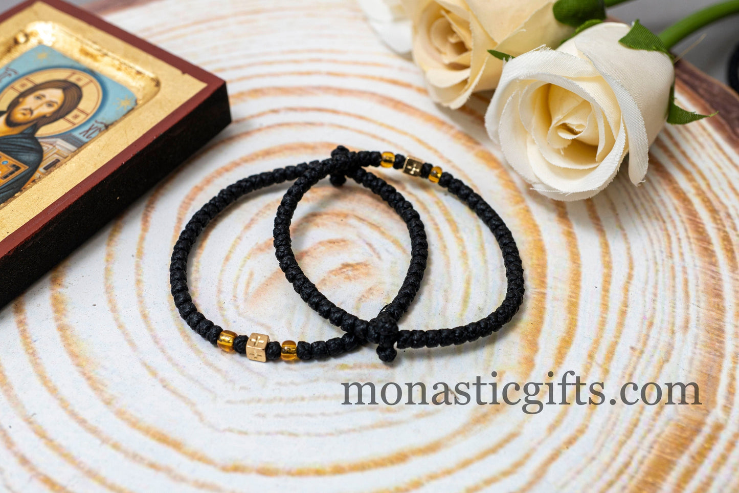 Authentic Komboskini in Black Color with cross and metal elements 1Pcs - Greek Orthodox Prayer Bracelet, Spiritual Prayer Rope.