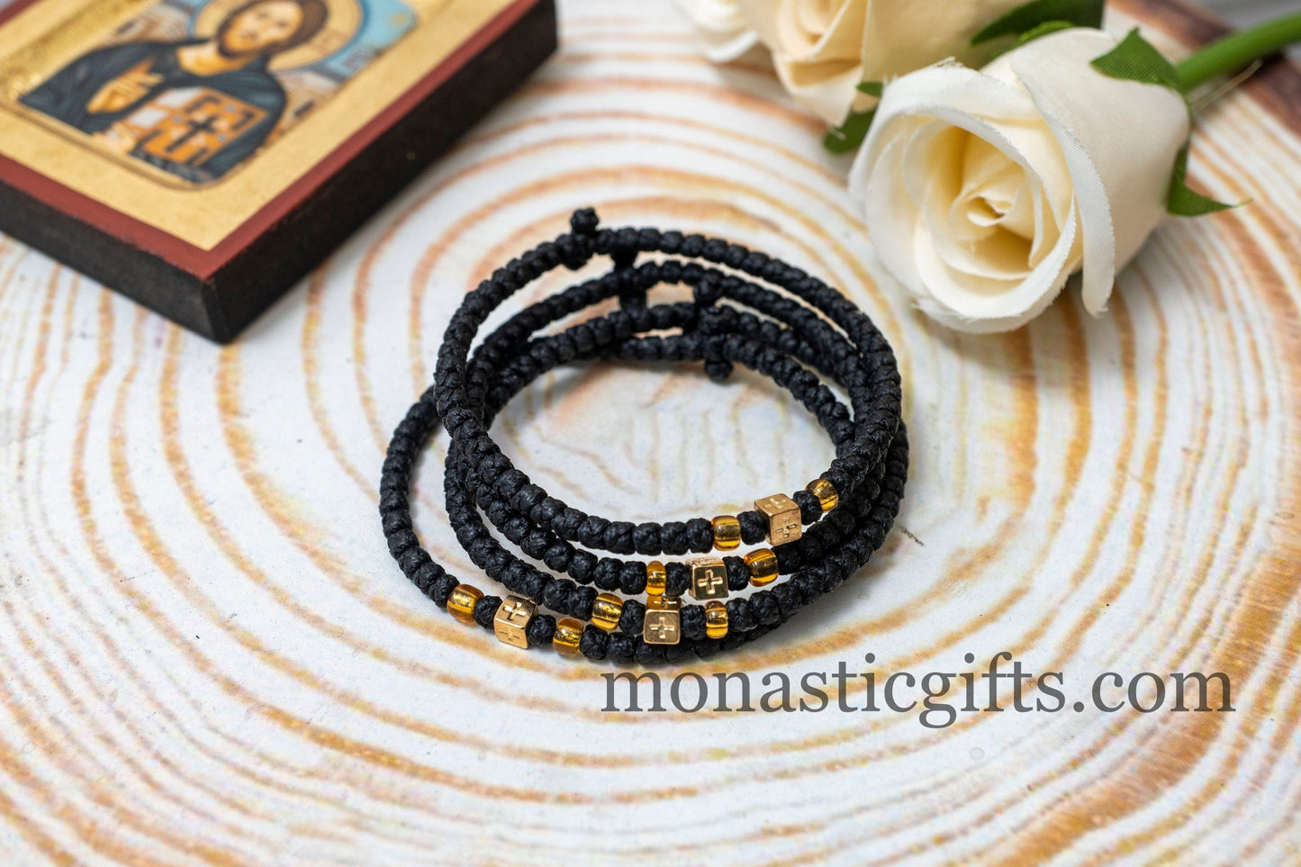 Authentic Komboskini in Black Color with cross and metal elements 1Pcs - Greek Orthodox Prayer Bracelet, Spiritual Prayer Rope.