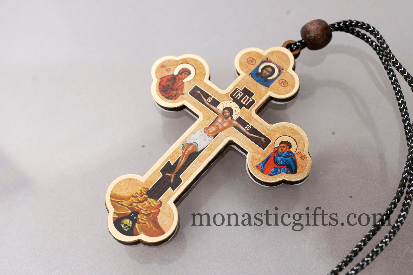 Christian Wooden Cross with crucifixion and Rope Cord for Car Rearview Mirror.