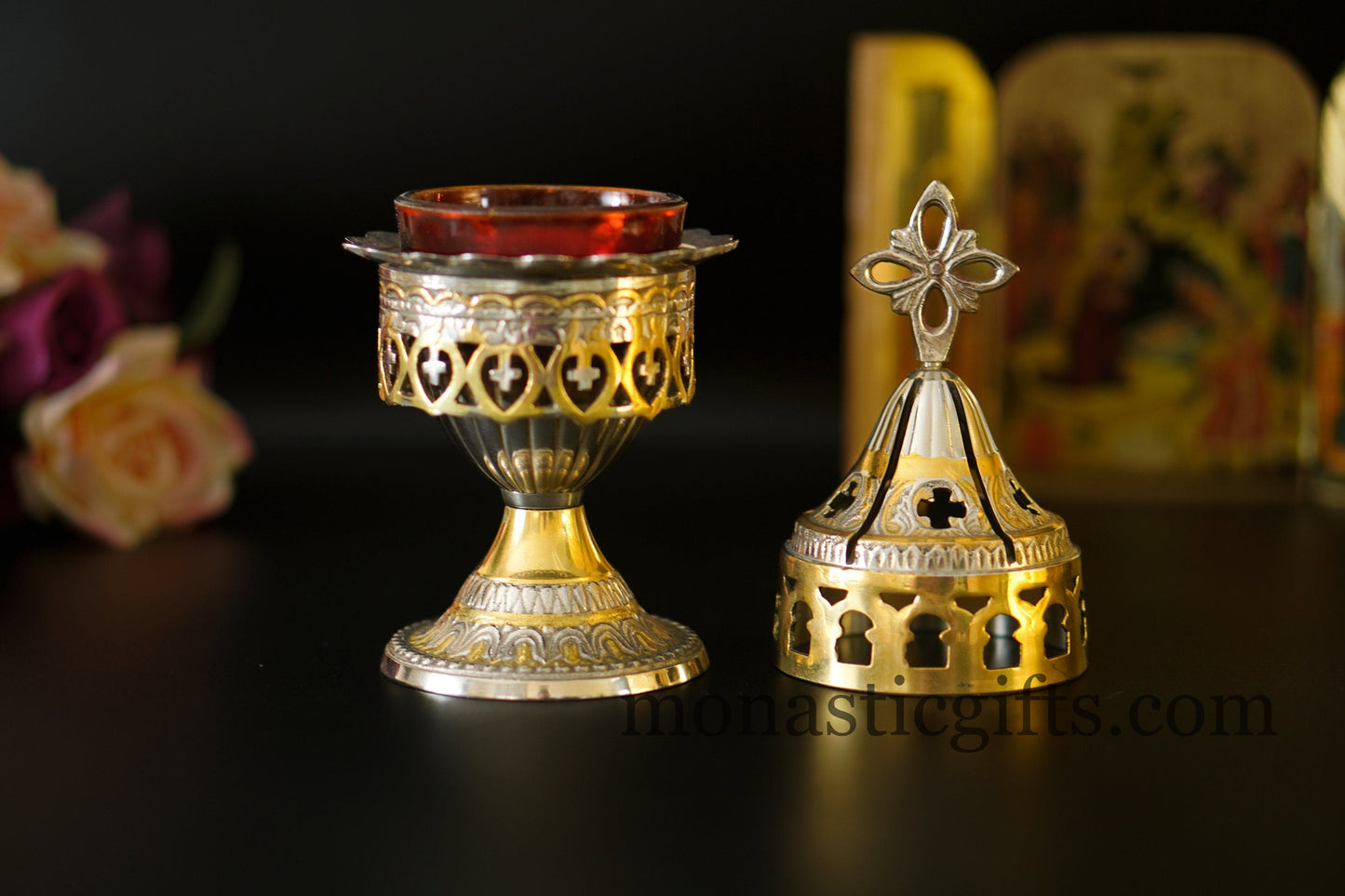 Handmade Brass nickel Standing Oil Lamp original and heavy 560gr. Oil Lamp- Oil Candle with Glass Cup Home Decor a perfect Christian Gift