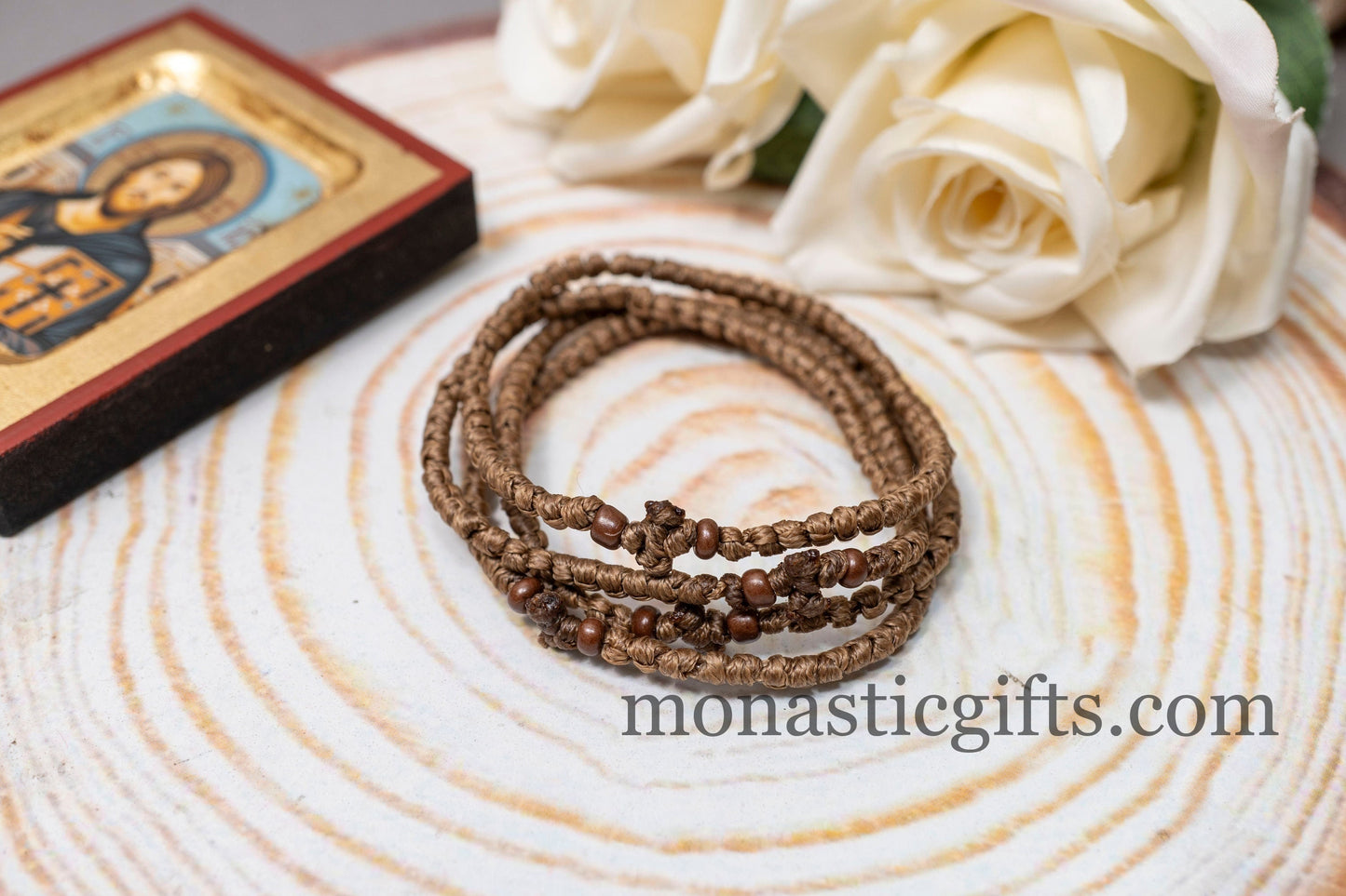 Authentic Komboskini in Brown Color 1Pcs - Greek Orthodox Prayer Bracelet, Spiritual Prayer Rope -Thread waxed thin with beads
