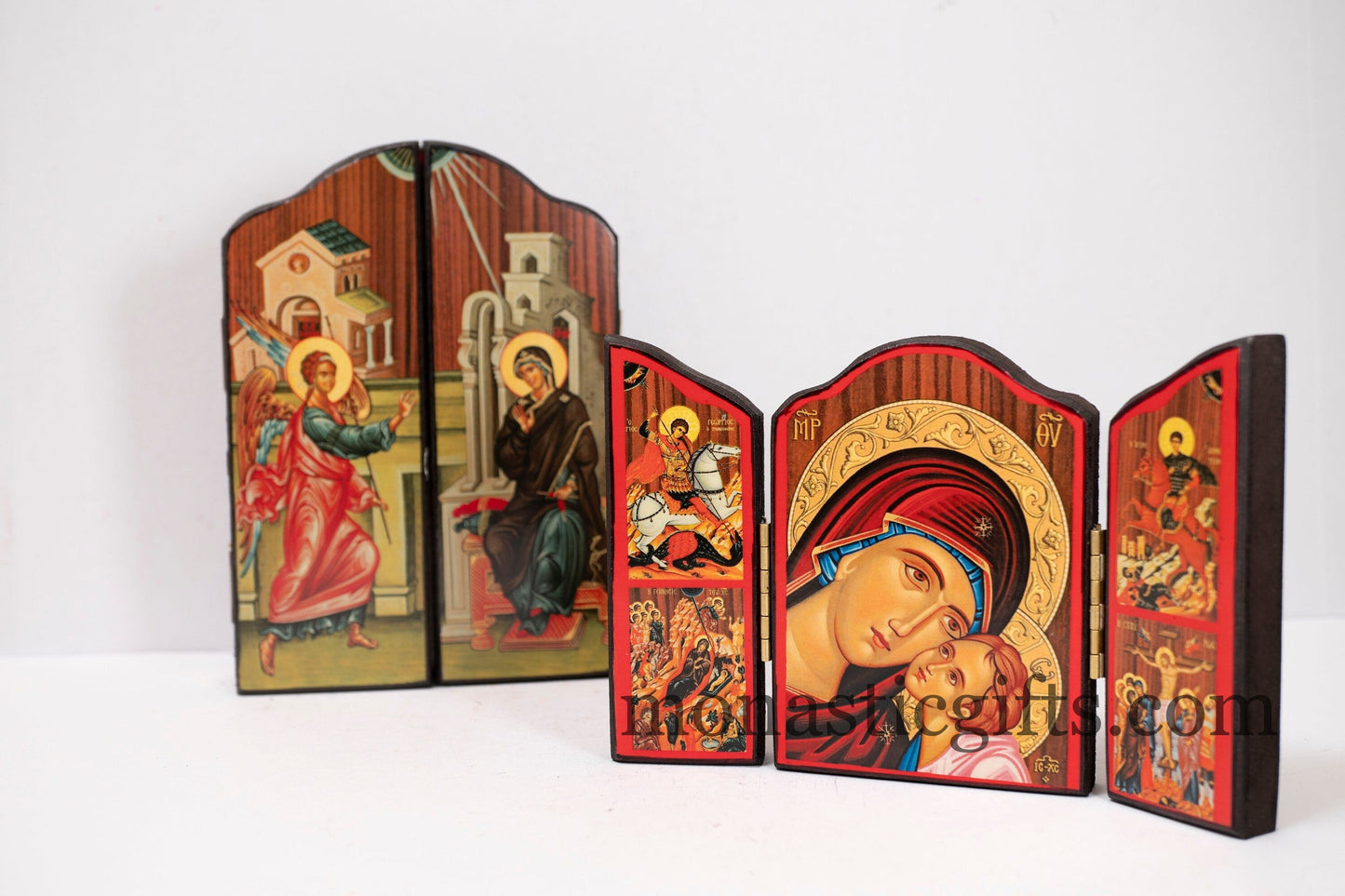 Triptych wooden Icon of Holy Theotokos with Jesus and many themes of Byzantine icons in doors , Greek Orthodox Icon