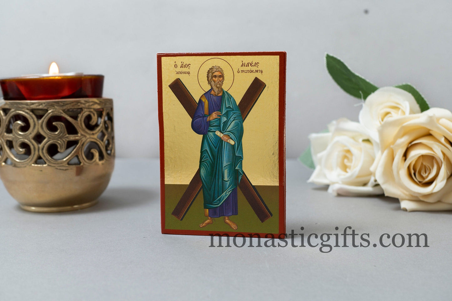 Wooden small icons with The Saint Andrew Apostole In Golden Leaf ,Byzantine icon , art wall hanging .