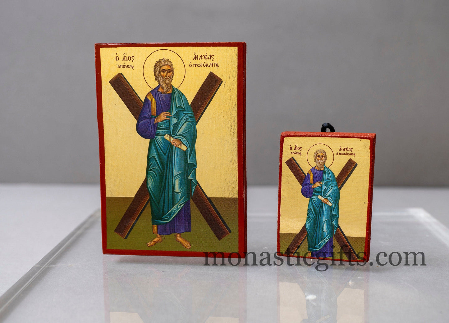 Wooden small icons with The Saint Andrew Apostole In Golden Leaf ,Byzantine icon , art wall hanging .