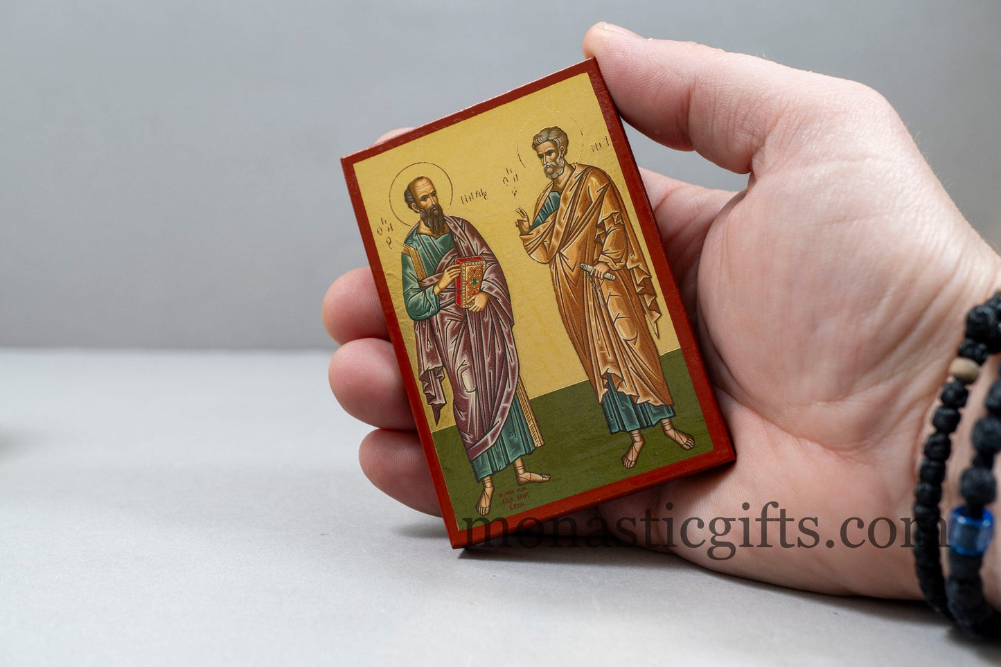 Wooden small icons with with The Apostles Peter and Paul In Golden Leaf ,Byzantine icon , art wall hanging .