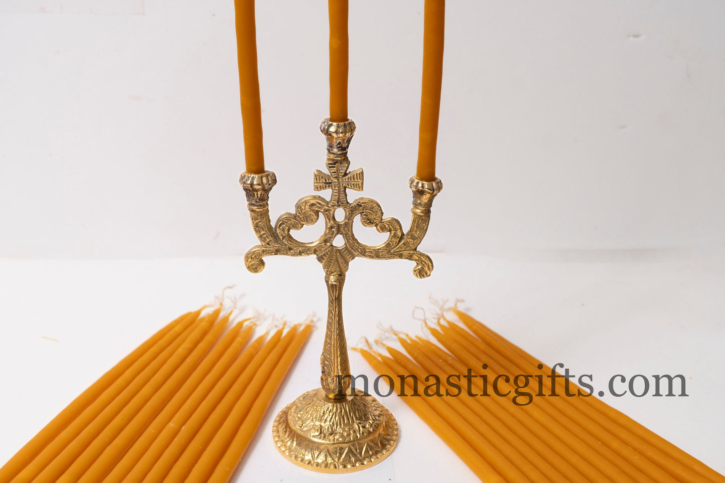 Brass Carved triple Candlestick Candles Holder with cross and 12 pcs Church Candles Handmade.