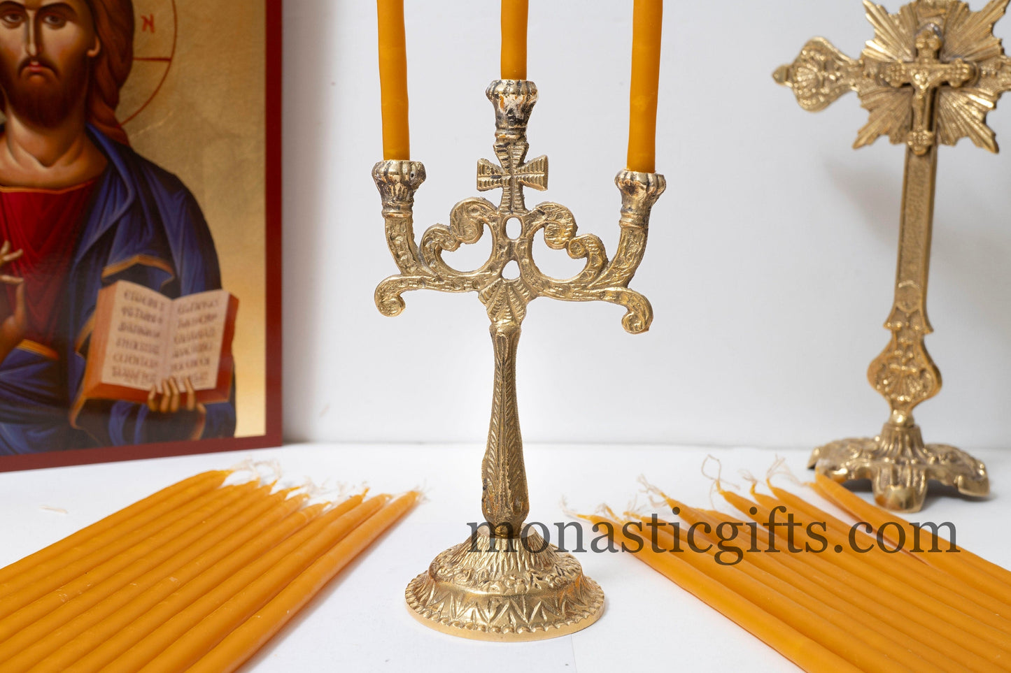 Brass Carved triple Candlestick Candles Holder with cross and 12 pcs Church Candles Handmade.