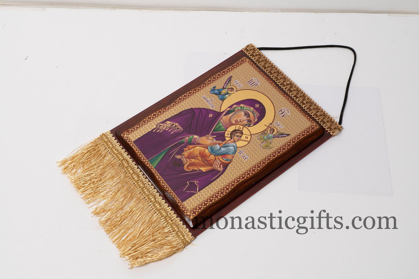 Christian wooden icon in a Embroidered Banner with Virgin Mary , art wall hanging on wood plaque amazing idea for orthodox gift.