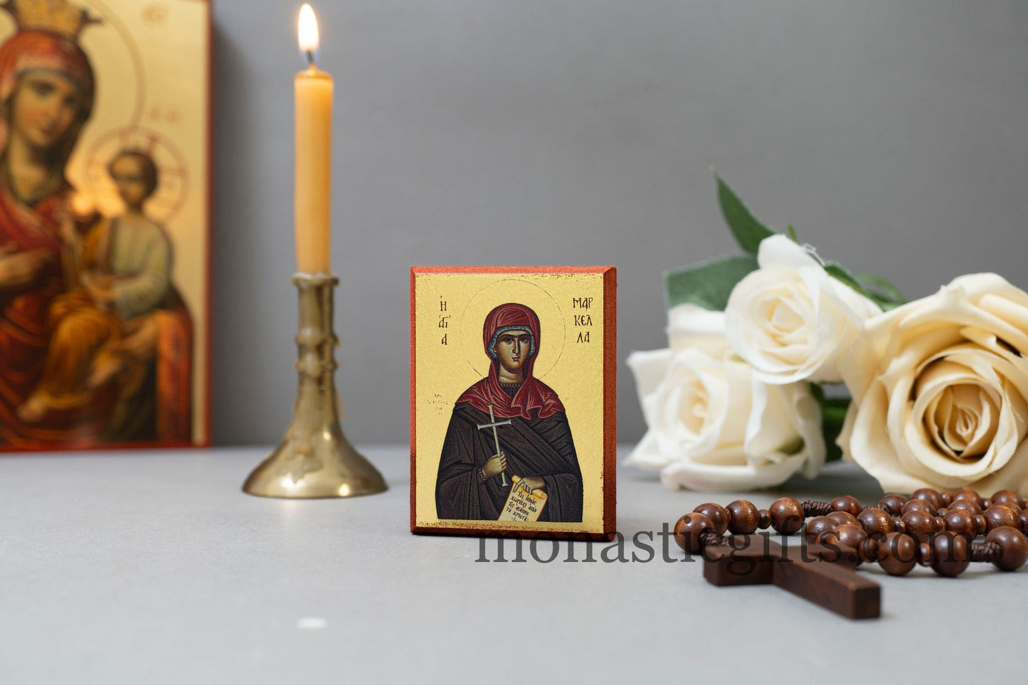 Small Wooden Icon with Saint Marcella Martyr of Chios, Icon in Golden Leaf ,amazing idea for orthodox gift