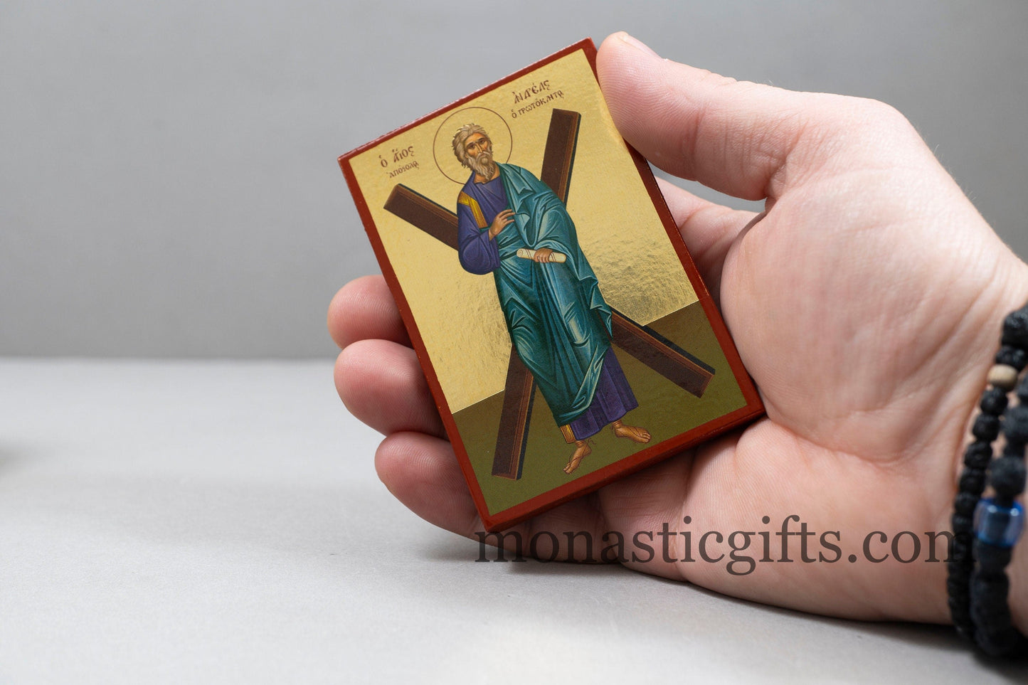 Wooden small icons with The Saint Andrew Apostole In Golden Leaf ,Byzantine icon , art wall hanging .