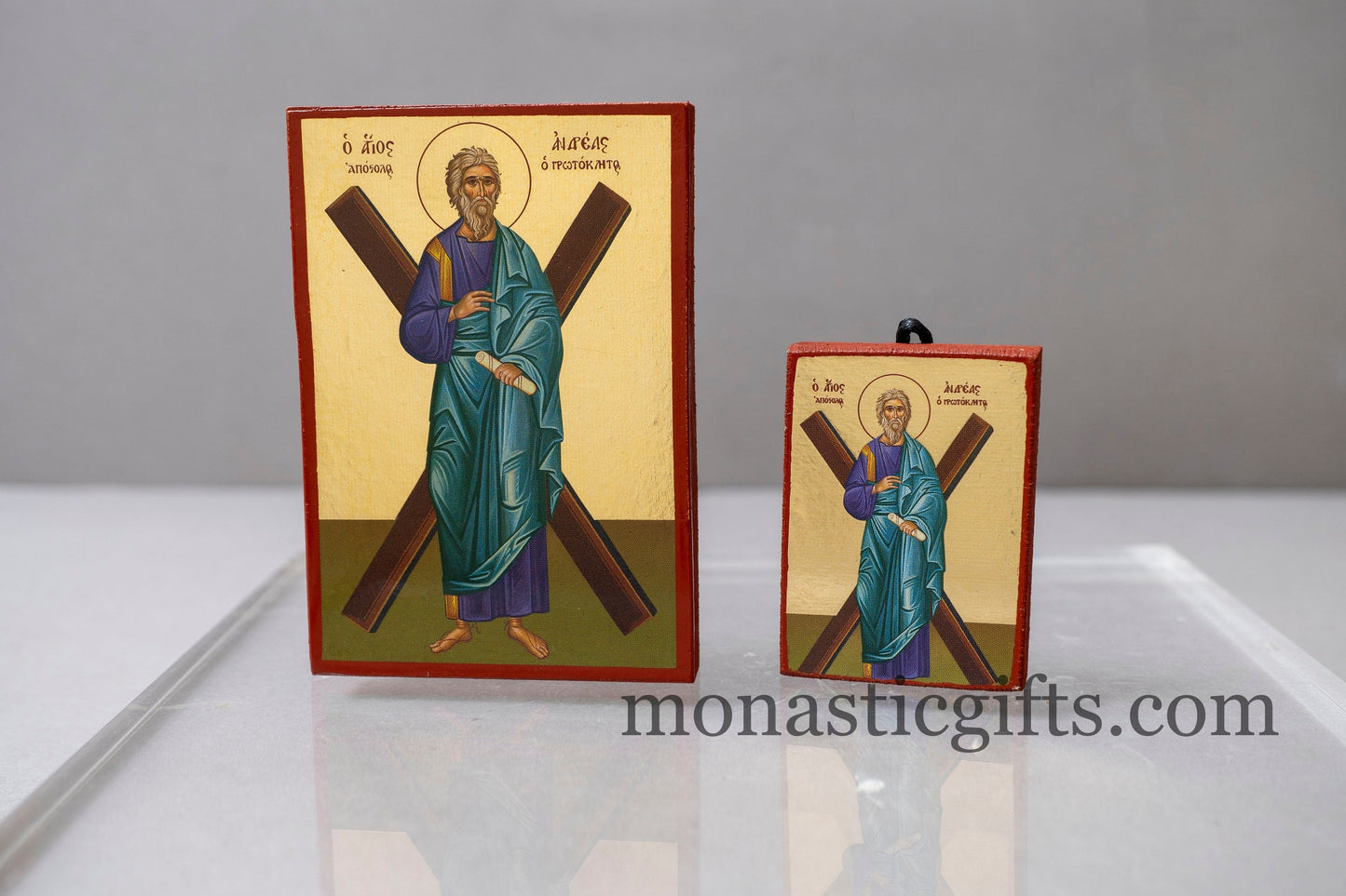 Wooden small icons with The Saint Andrew Apostole In Golden Leaf ,Byzantine icon , art wall hanging .
