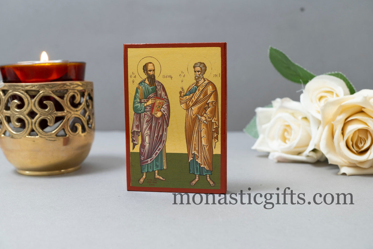 Wooden small icons with with The Apostles Peter and Paul In Golden Leaf ,Byzantine icon , art wall hanging .