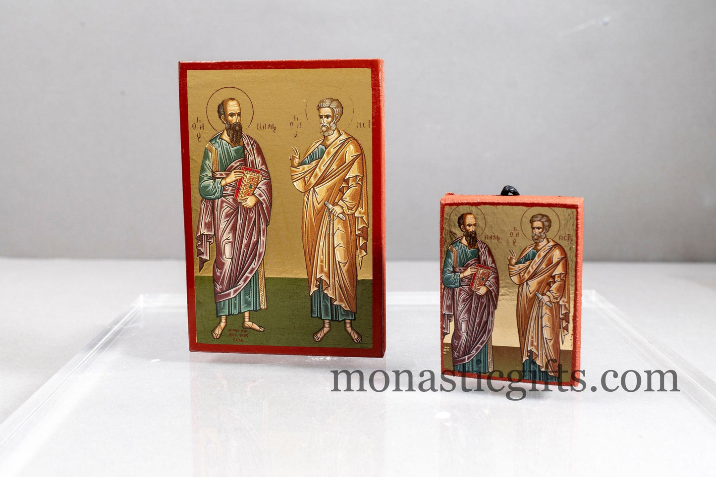 Wooden small icons with with The Apostles Peter and Paul In Golden Leaf ,Byzantine icon , art wall hanging .