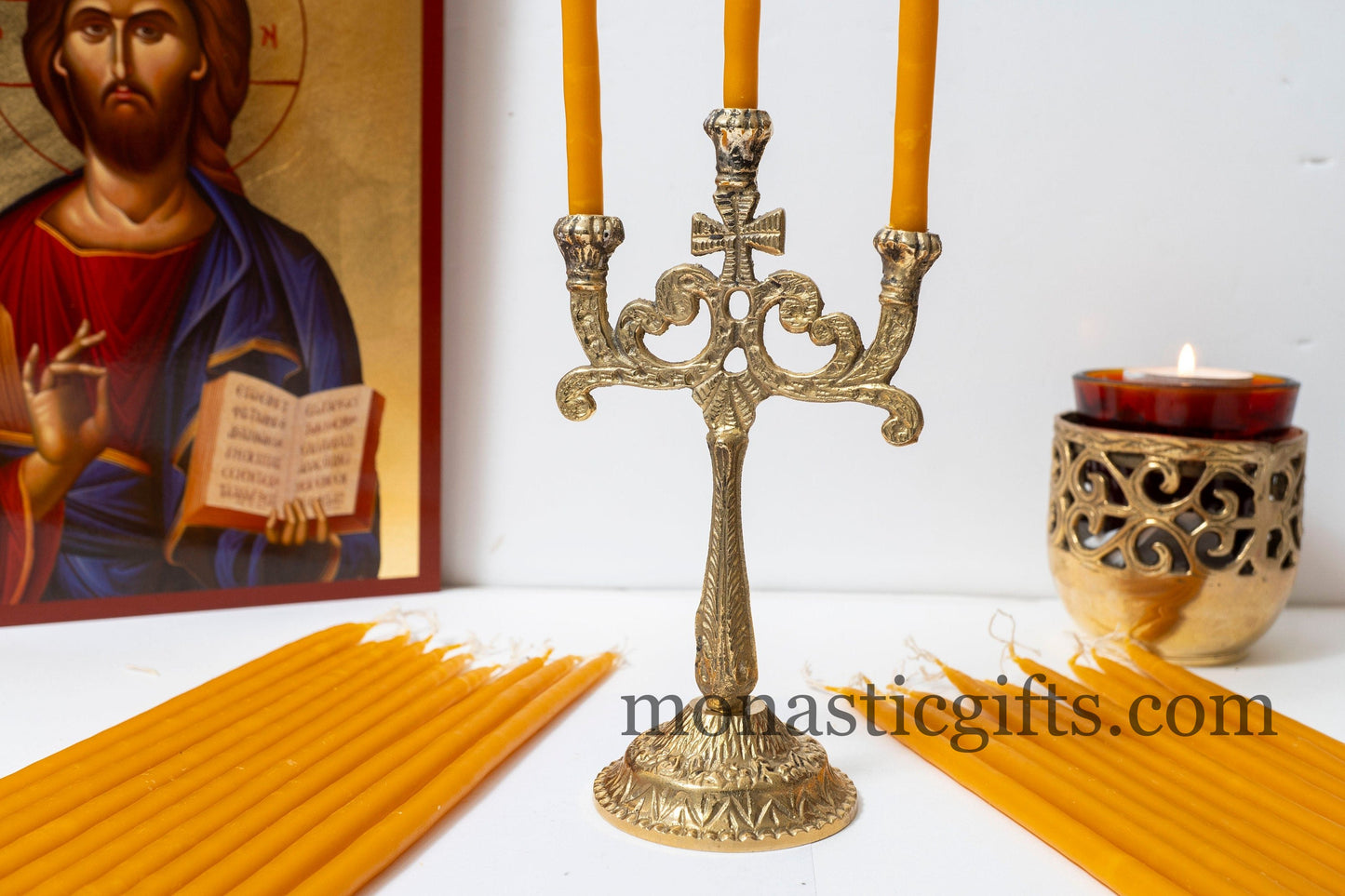 Brass Carved triple Candlestick Candles Holder with cross and 12 pcs Church Candles Handmade.