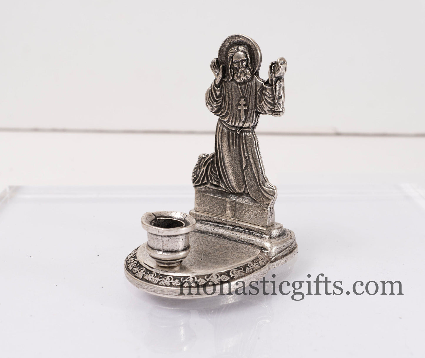 Carved Candlestick Candle Holder with a praying saint and prayer on the back 100% Authentic