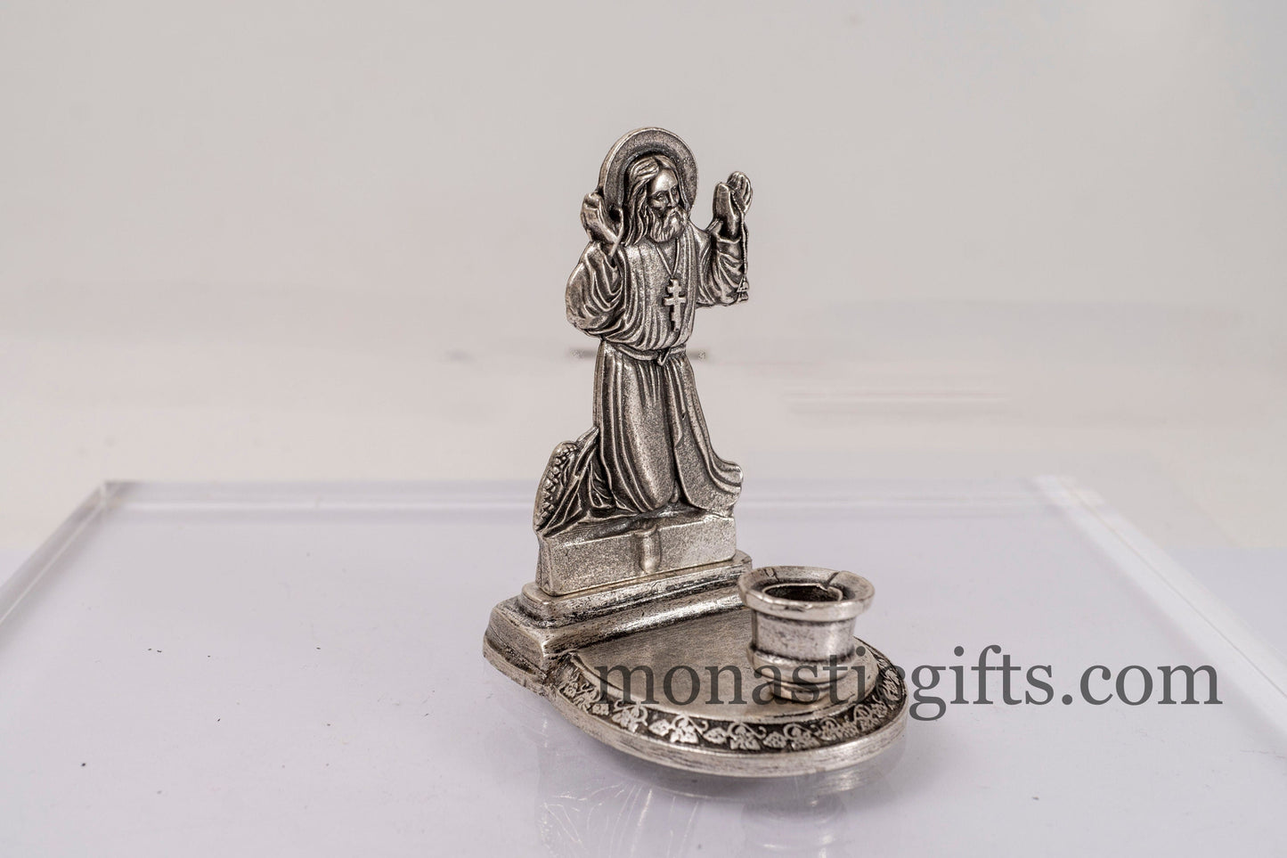 Carved Candlestick Candle Holder with a praying saint and prayer on the back 100% Authentic