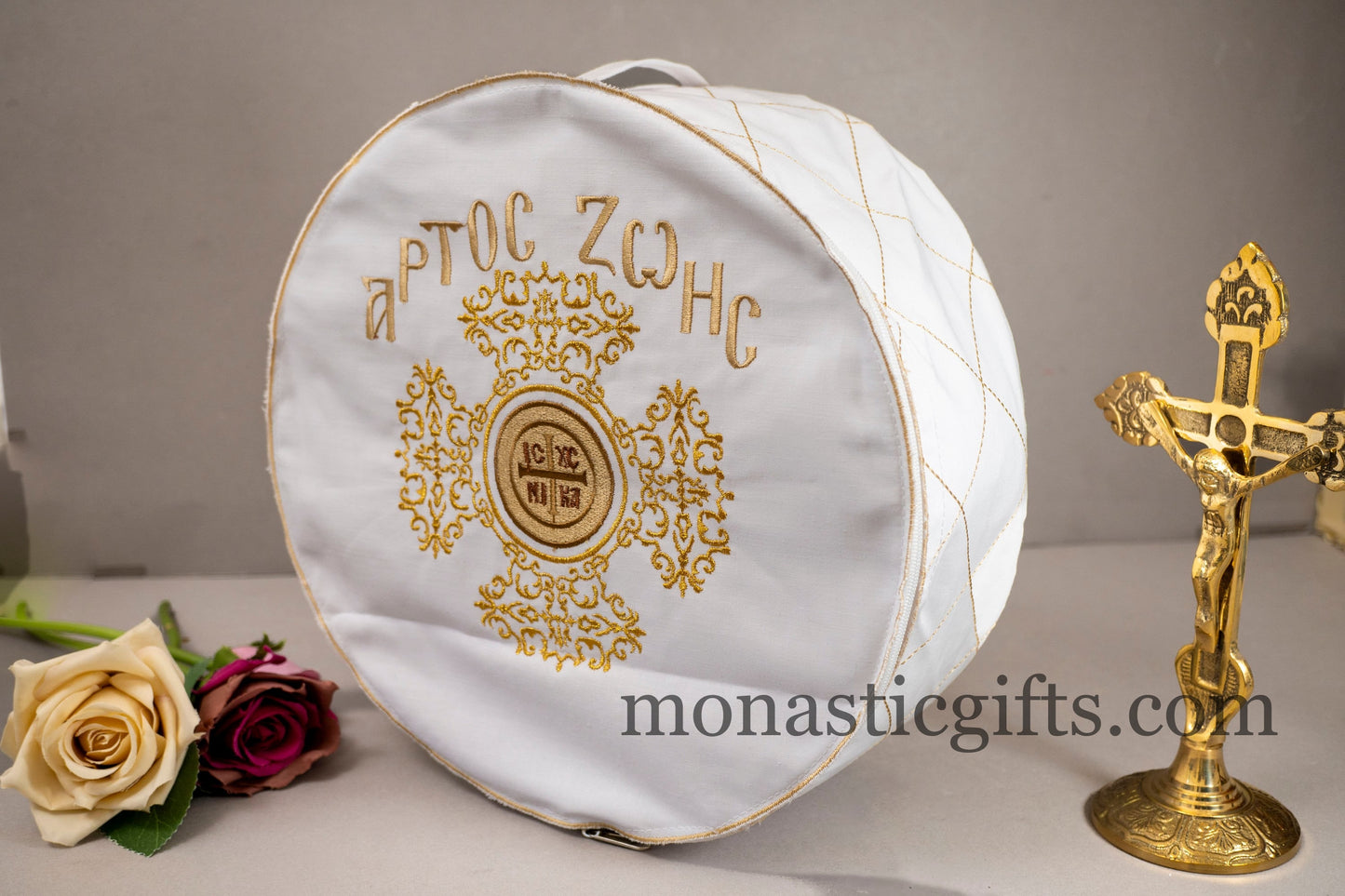 Embroidered Cotton Case for Prosphora, bread pouch , decorated with orthodox ICXC Embroideries. Orthodox CommunionAntidoron.