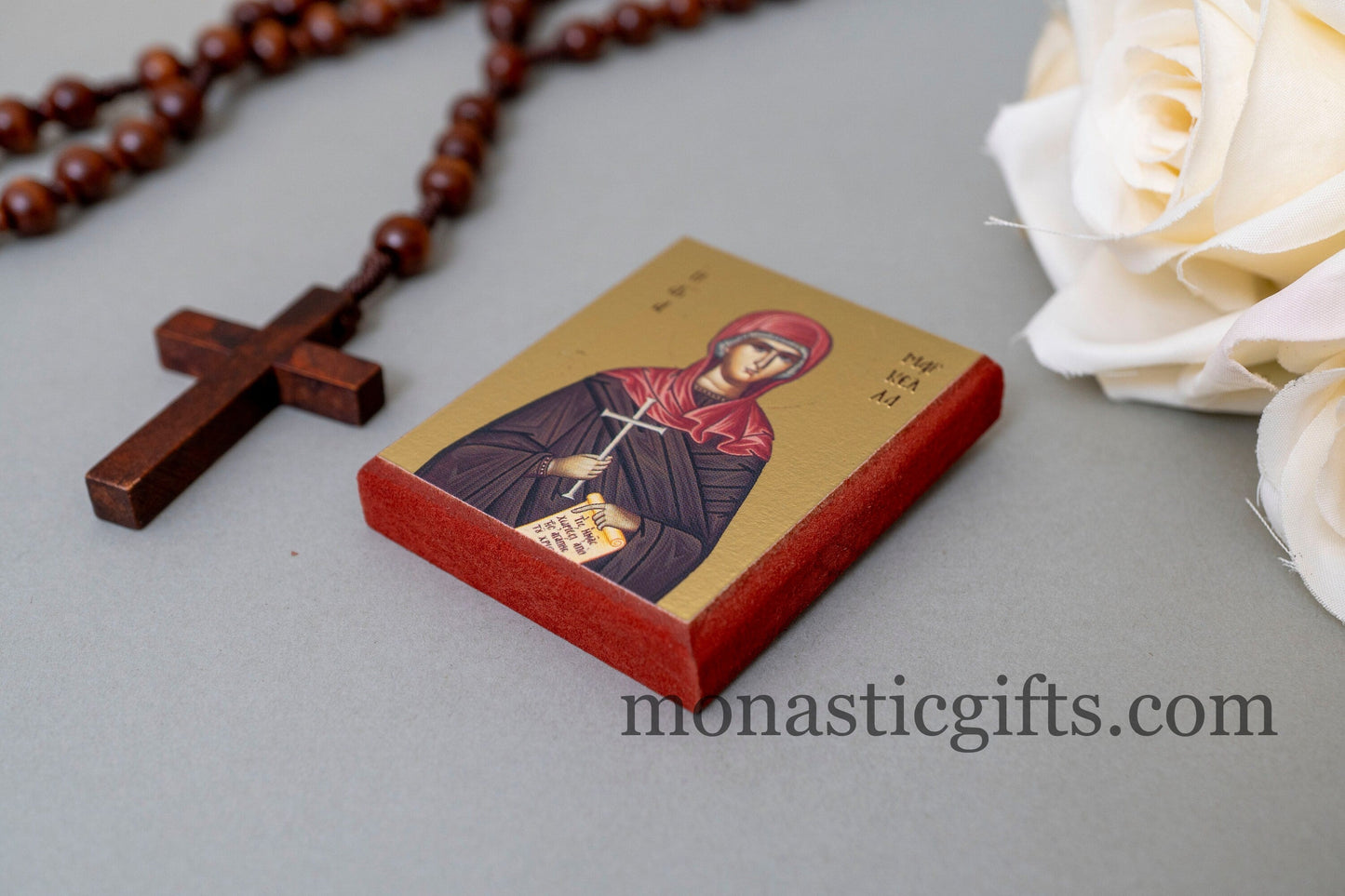 Small Wooden icon with Saint Markella Agia Markella In Golden leaf with a velvet pouch, wall hanging amazing idea for orthodox gift