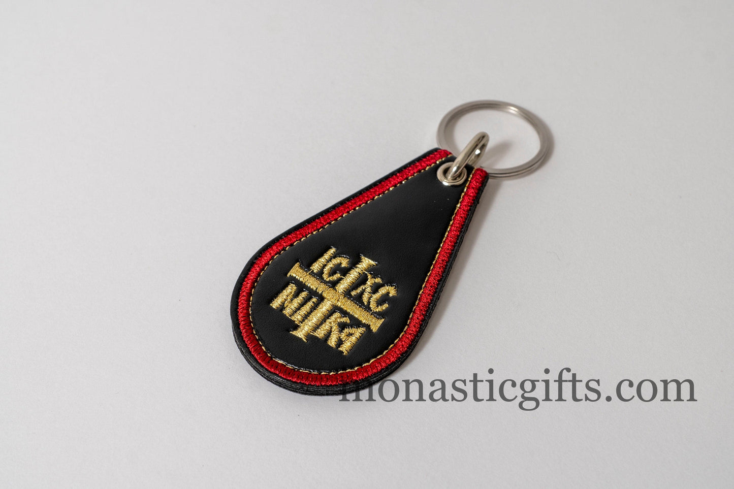 Christian Double Sided Gold Embroidered Leathel and Fabric Keyring with ICXC on One Side and Prayer on the Other
