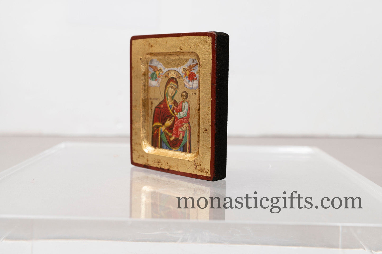 Wooden Icon with Theotokos (Gorgoipikoos) with Aging Technique, on Golden Leaf Authentic art in a gold leaf With superior details.