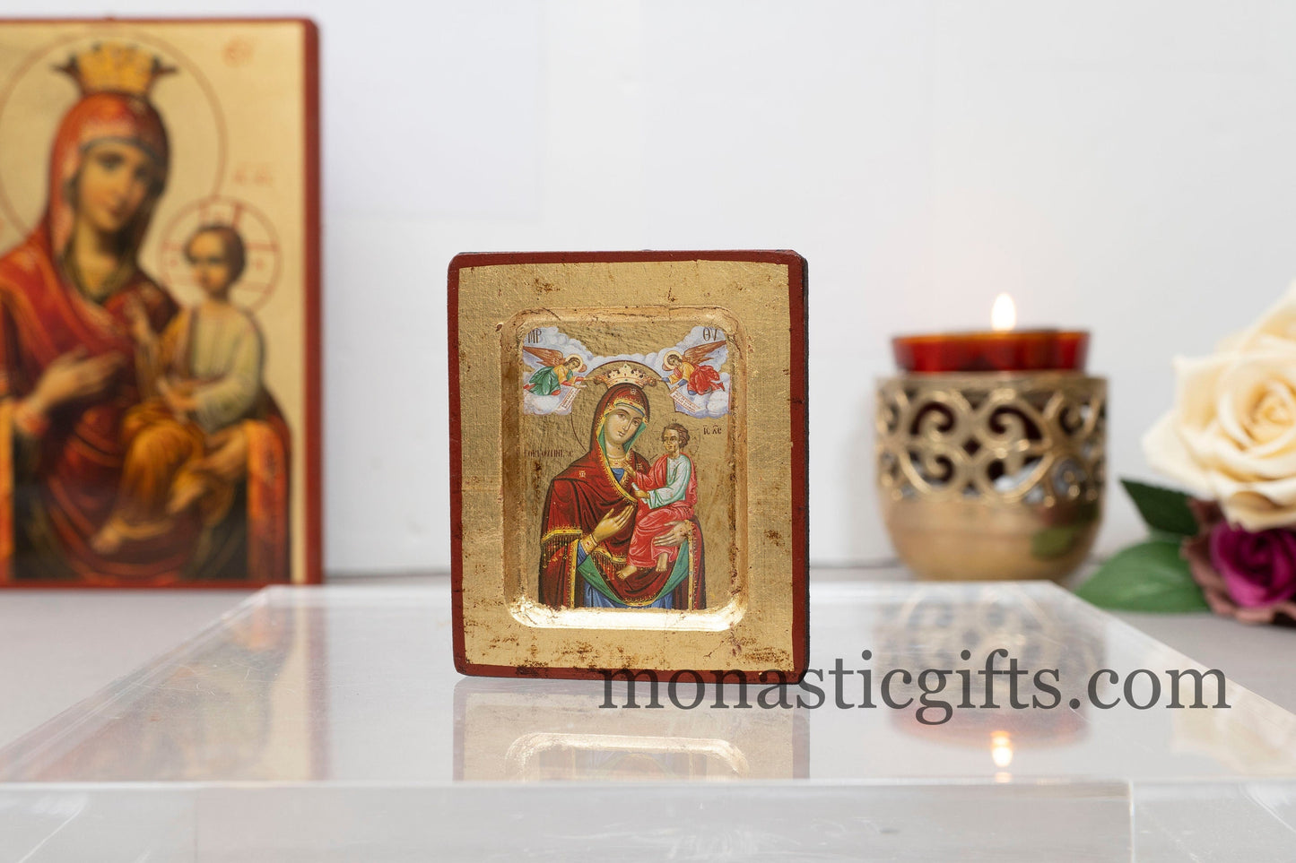 Wooden Icon with Theotokos (Gorgoipikoos) with Aging Technique, on Golden Leaf Authentic art in a gold leaf With superior details.