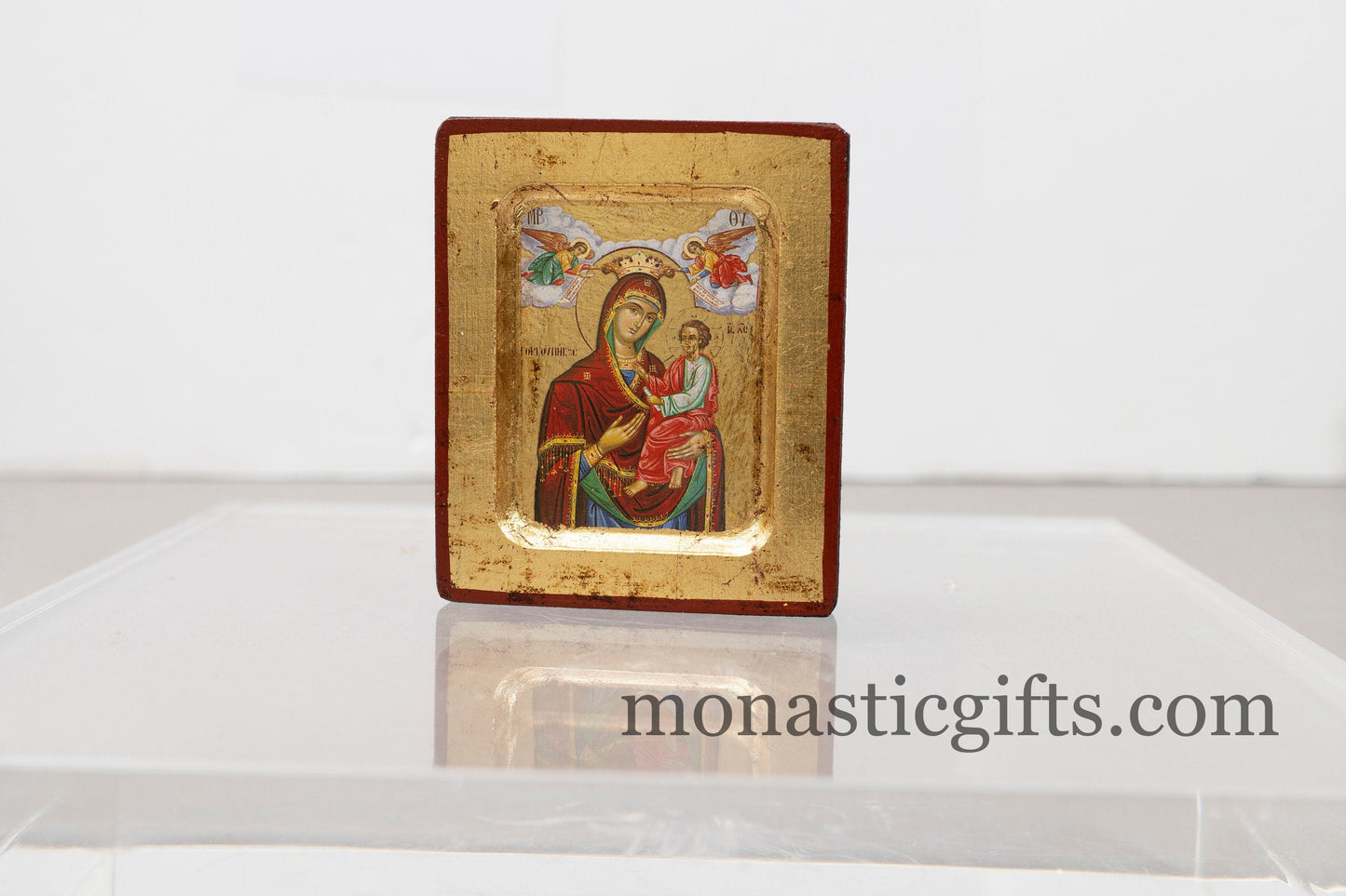 Wooden Icon with Theotokos (Gorgoipikoos) with Aging Technique, on Golden Leaf Authentic art in a gold leaf With superior details.