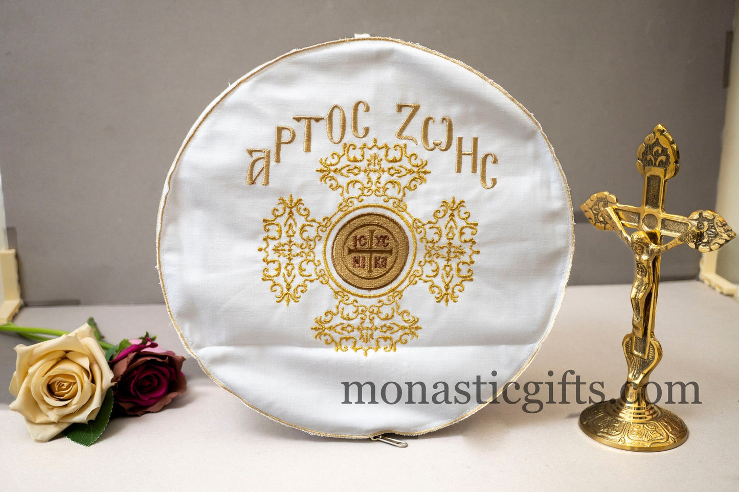 Embroidered Cotton Case for Prosphora, bread pouch , decorated with orthodox ICXC Embroideries. Orthodox CommunionAntidoron.