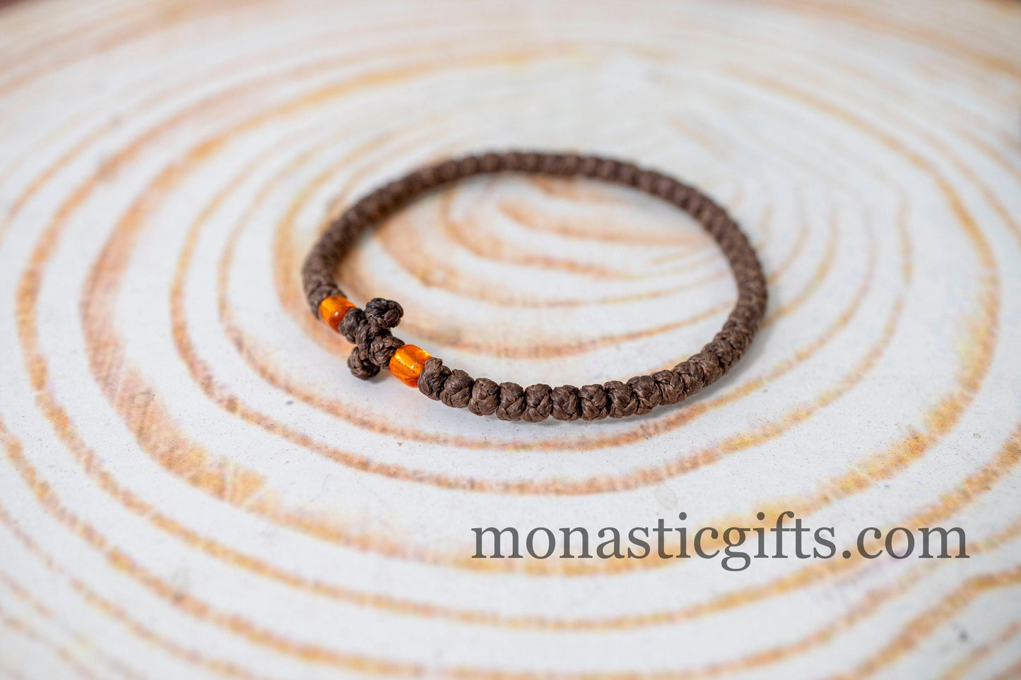 Authentic Komboskini in Brown Color 1Pcs - Greek Orthodox Prayer Bracelet, Spiritual Prayer Rope -Thread waxed thin with clear Orange beads