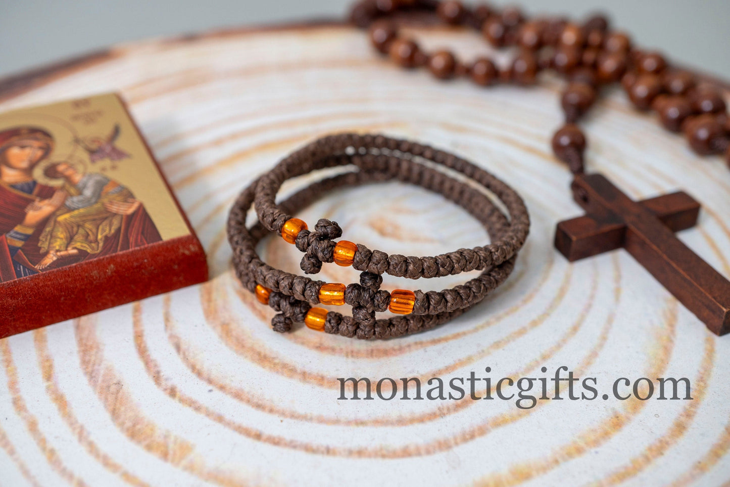 Authentic Komboskini in Brown Color 1Pcs - Greek Orthodox Prayer Bracelet, Spiritual Prayer Rope -Thread waxed thin with clear Orange beads
